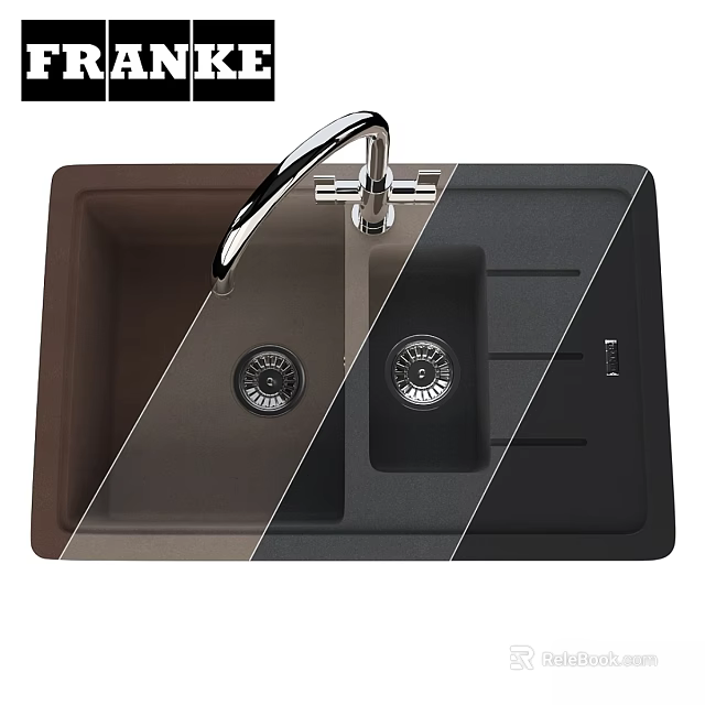 Double Bowl Black Granite Composite Kitchen Sink With Stainless Steel Faucet And Drainboard 3d model 
