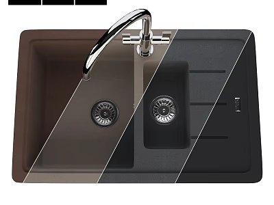 Double Bowl Black Granite Composite Kitchen Sink With Stainless Steel Faucet And Drainboard 3d model