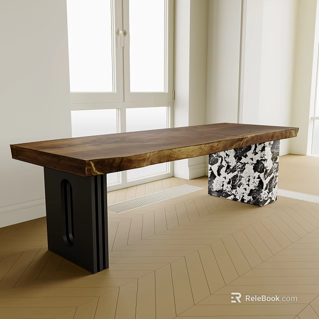 Solid Wooden Top Tea Table With Black Metal Legs And Herringbone Floor In Bright Room 3d model 