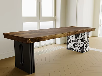 Solid Wooden Top Tea Table With Black Metal Legs And Herringbone Floor In Bright Room 3d model