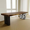 Solid Wooden Top Tea Table With Black Metal Legs And Herringbone Floor In Bright Room
