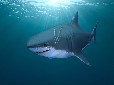 Great White Shark Swimming In Blue Ocean Water With Sunlight Rays From Surface 3d model