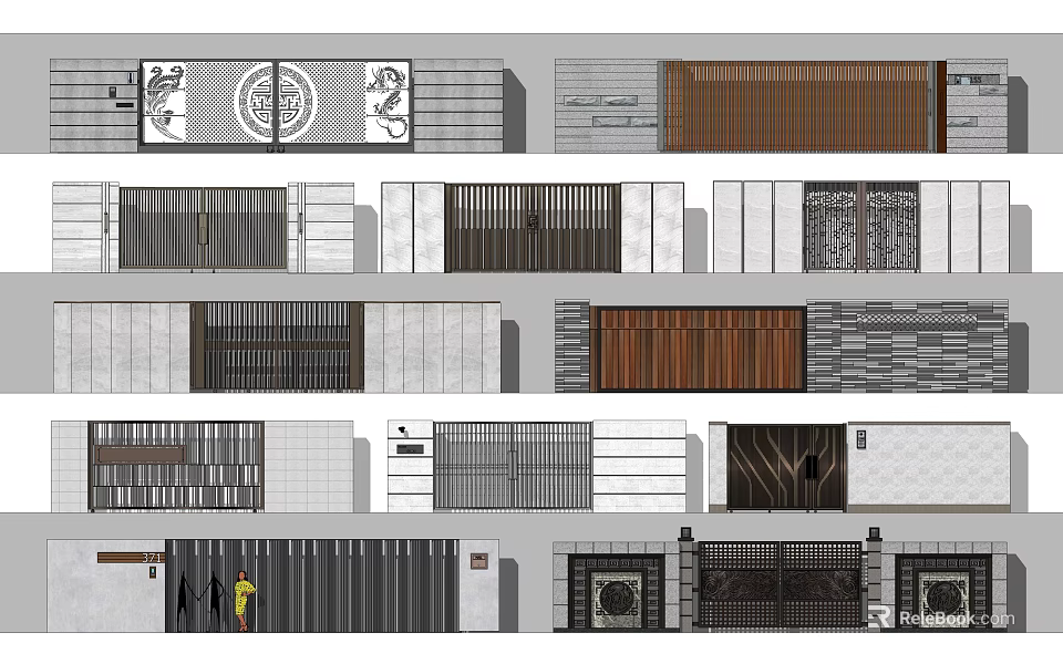 Various Entrance Gate Designs With Wooden Metal Grille And Stone Panel Elements 3d model 