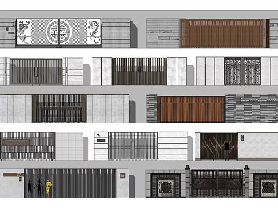 Various Entrance Gate Designs With Wooden Metal Grille And Stone Panel Elements 3d model