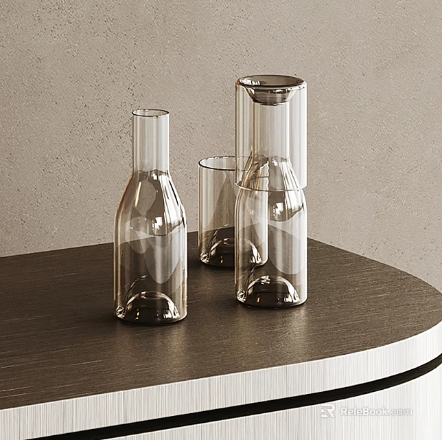 Transparent Glass Cups Three Different Shapes on Dark Round Tabletop with Light Colored Wall Background 3d model 