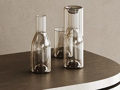 Transparent Glass Cups Three Different Shapes on Dark Round Tabletop with Light Colored Wall Background 3d model