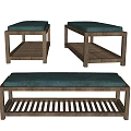 Three Wooden Ottomans With Blue Cushion And Slatted Shelf Design