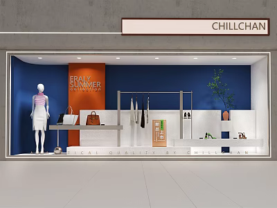 CHILLCHAN Final Summer Shop Window Display With Mannequin Clothes Bag And Plant 3d model
