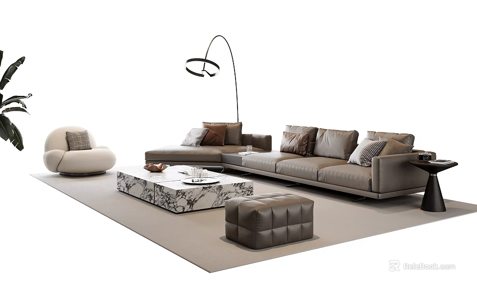 Modern Leather Sofa And Marble Coffee Table Set With Ottoman Floor Lamp And Armchair 3d model 