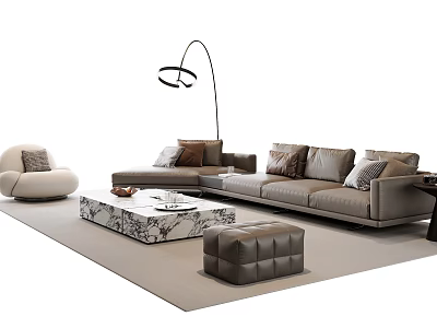 Modern Leather Sofa And Marble Coffee Table Set With Ottoman Floor Lamp And Armchair 3d model