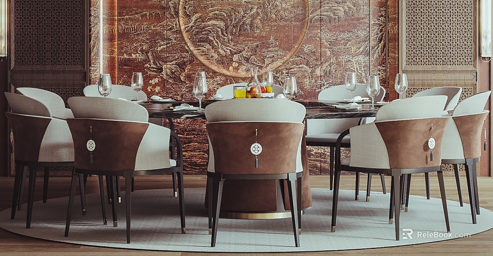 Chinese Style Dining Table And Chairs With Brown Beige Upholstery And Traditional Wall Decor 3d model 