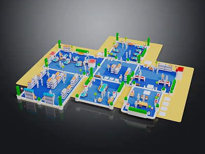 Indoor Space Layout Model With Multiple Sections Blue Flooring Yellow Borders Green Plants And Tables 3d model