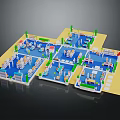 Indoor Space Layout Model With Multiple Sections Blue Flooring Yellow Borders Green Plants And Tables