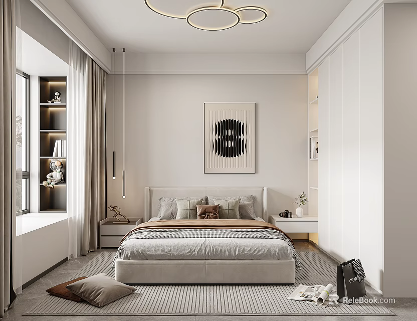 Modern Bedroom Interior Design With Bed Decorative Painting Chandelier Curtains And Soft Rug 3d model 