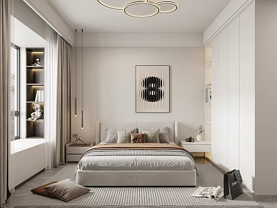 Modern Bedroom Interior Design With Bed Decorative Painting Chandelier Curtains And Soft Rug 3d model
