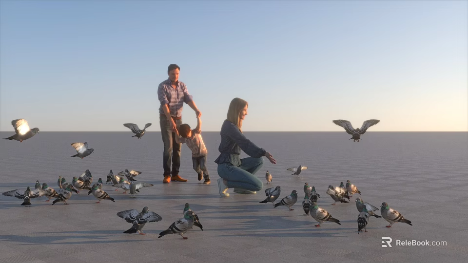 Flying Pigeons Interacting With Family In Outdoor Open Area Under Blue Sky 3d model 