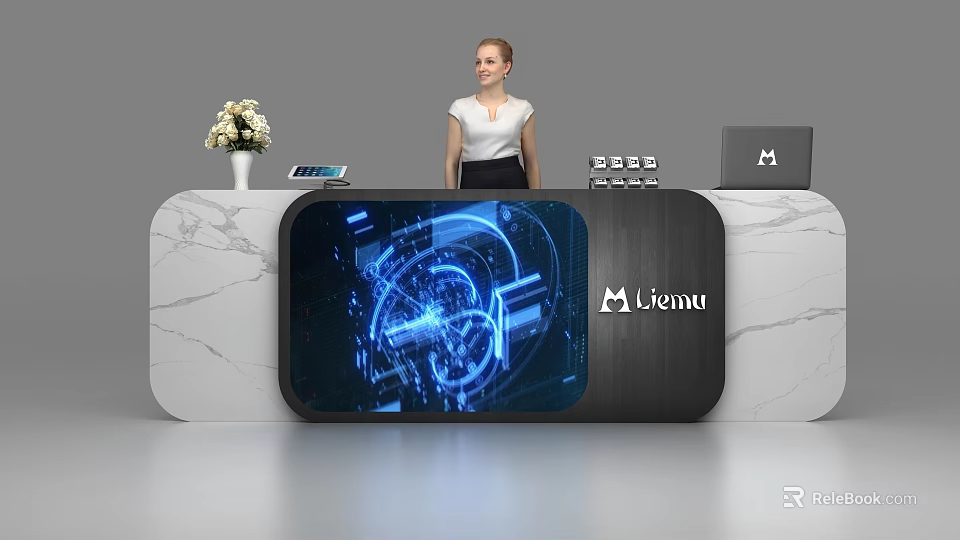 Modern Reception Desk With Marble Countertop Large Screen Hi Tech Graphics And Litemu Logo 3d model 