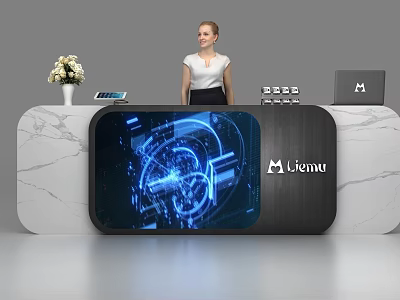 Modern Reception Desk With Marble Countertop Large Screen Hi Tech Graphics And Litemu Logo 3d model