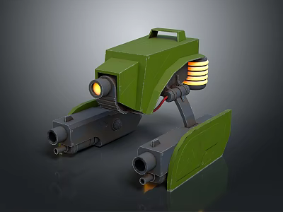 Green Mechanical Creature With Yellow Light Spring Black Cannons On Body And Legs 3d model