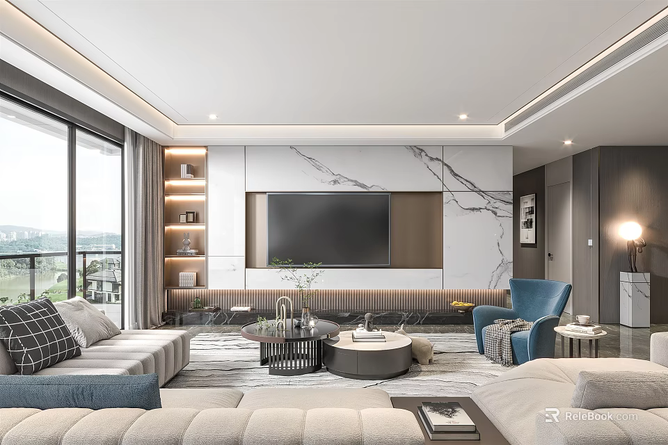 Modern Living Room Interior With TV Wall Sofa Coffee Table And Floor to Ceiling Windows 3d model 