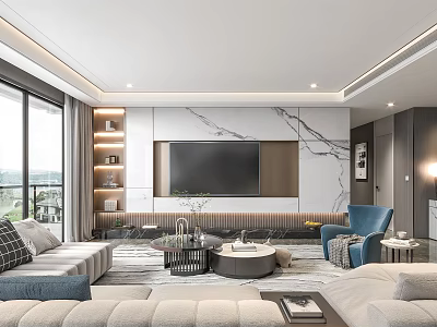 Modern Living Room Interior With TV Wall Sofa Coffee Table And Floor to Ceiling Windows 3d model