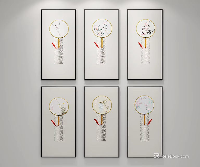 Chinese Style Wall Art Round Fan Shaped Paintings With Floral Bird Designs And Calligraphy 3d model 