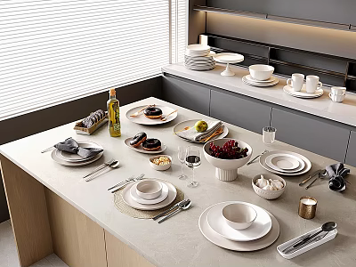 Elegant Dinnerware Set with Plates Bowls Cups Cutlery and Olive Oil Bottle on Kitchen Countertop 3d model