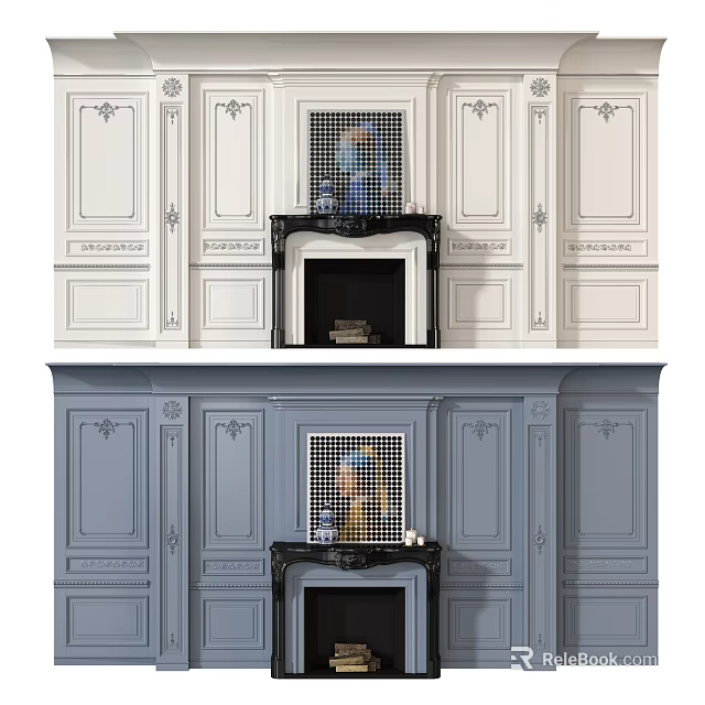 White And Gray Carved Background Wall With Fireplace Grid Decor And Decorative Items 3d model