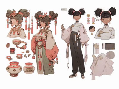 Traditional Ancient Style Character Design With Costumes And Accessories 3d model