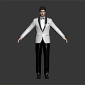 Male Model In White Suit With Black Bow Tie Standing Pose Arms Outstretched