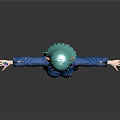 Anime Game Character With Green Hair Elf Ears Blue Jacket Black Pleated Skirt Fishnet Stockings