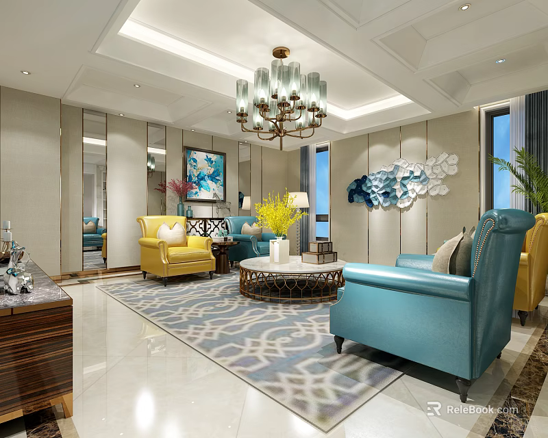 Modern Luxury Living Room Interior With Blue Turquoise Sofa Yellow Armchair And Geometric Rug 3d model 