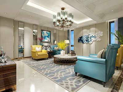 Modern Luxury Living Room Interior With Blue Turquoise Sofa Yellow Armchair And Geometric Rug 3d model