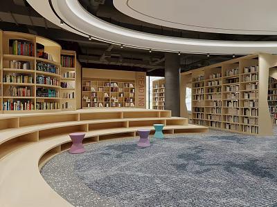 Modern Library Interior Design With Curved Shelves And Colorful Stools 3d model