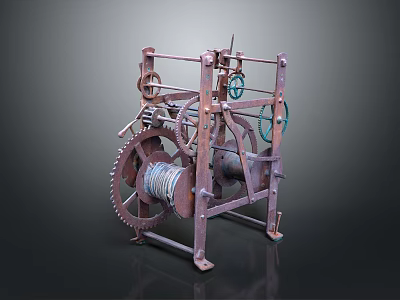 Vintage Mechanical Equipment With Metal Frame Gears Pulleys And Reel 3d model