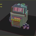 Two Story Mechanic Storefront Building With Yellow Awning Pink Windows And Purple White Buckets
