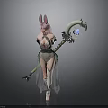 Fantasy Character With Pink Hair Rabbit Ears Green White Outfit And Moon Star Staff
