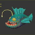 Iridescent Teal Fantasy Fish With Large Yellow Eyes Sharp Teeth And Antenna Lure