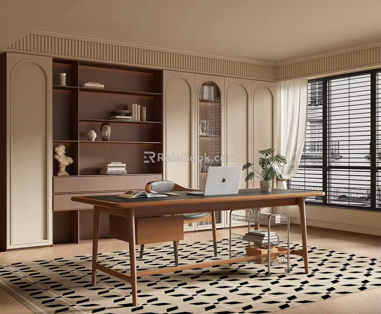French Middle Ancient Study Open Study Bedroom Study Middle Ancient Bookcase Desk and Chair Home Study 3d model