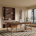 French Middle Ancient Study Open Study Bedroom Study Middle Ancient Bookcase Desk and Chair Home Study 3d model