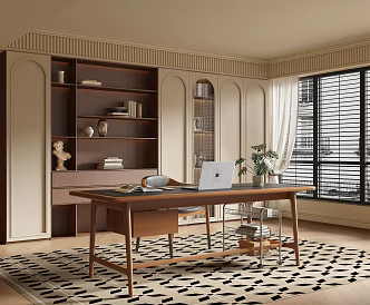French Middle Ancient Study Open Study Bedroom Study Middle Ancient Bookcase Desk and Chair Home Study 3d model