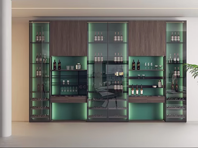 Modern Illuminated Wine Cabinet With Glass Doors Wine Bottles And Glassware 3d model