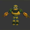 Yellow And Green 3D Mechanical Robot With Red Eyes And Extended Arms Legs