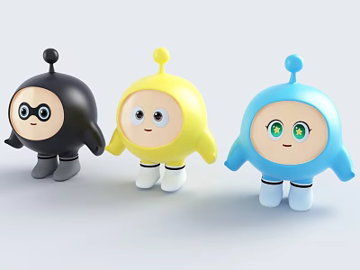 Cute Robotic Cartoon Characters With Black Yellow Blue Colors Big Eyes And Antenna 3d model
