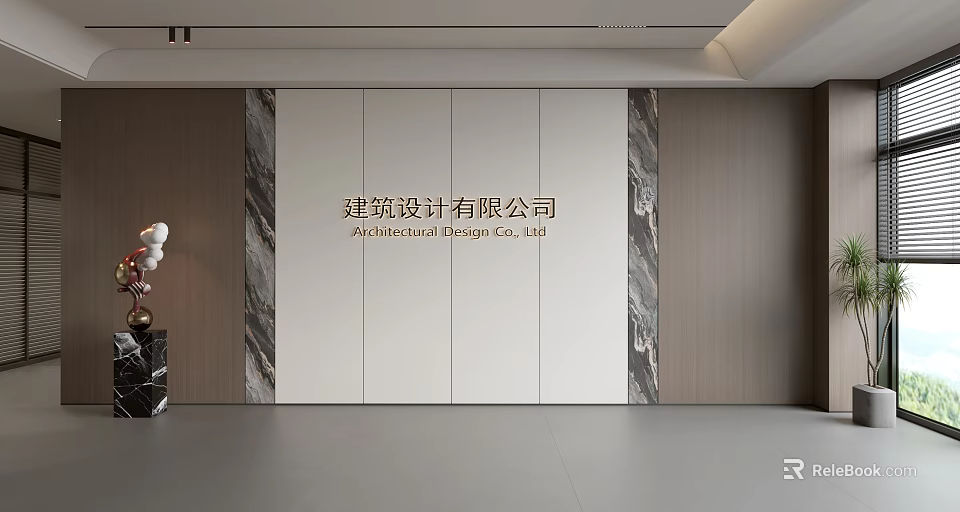 Modern Minimalist Office Background Wall With Marble Panels And Company Sign 3d model 