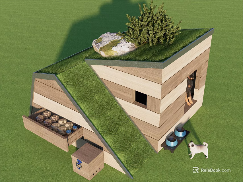 Garden Wooden Structure With Green Roof Stone Small Tree Flower Pots And White Dog 3d model 