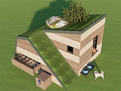 Garden Wooden Structure With Green Roof Stone Small Tree Flower Pots And White Dog 3d model
