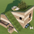 Garden Wooden Structure With Green Roof Stone Small Tree Flower Pots And White Dog