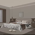 Cozy Modern Bedroom Interior With Bedspread Pillows Nightstands Lamps Painting And Window Blinds