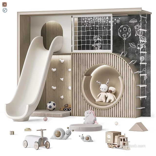 Kids Bed with Slide Chalkboard Wall Stuffed Toys and Soccer Ball in Playful Room 3d model 